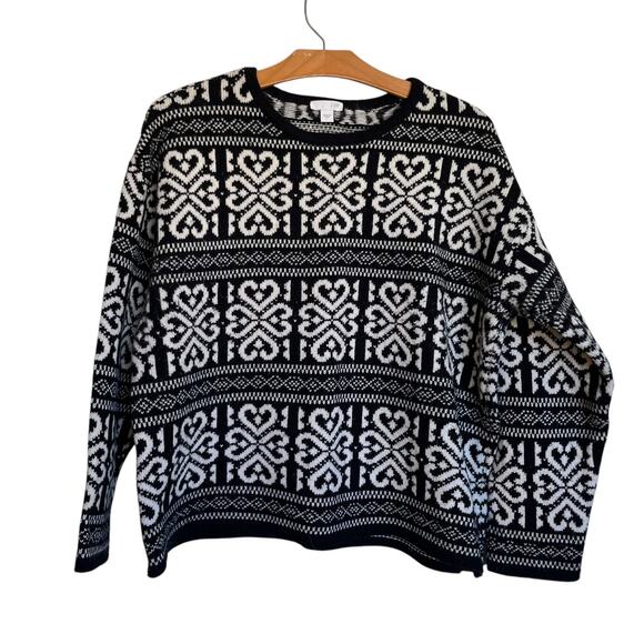 J. Jill Wool Blend Fair Isle Nordic Crewneck Sweater Boxy Pullover Black White L - Picture 1 of 6